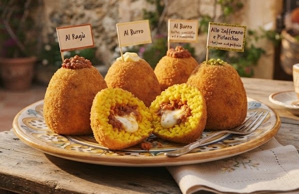 Arancine siciliane al ragù, al burro e allo zafferano con pistacchio
