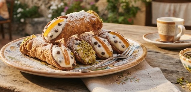 Cannoli siciliani con ricotta, granella di pistacchio e canditi