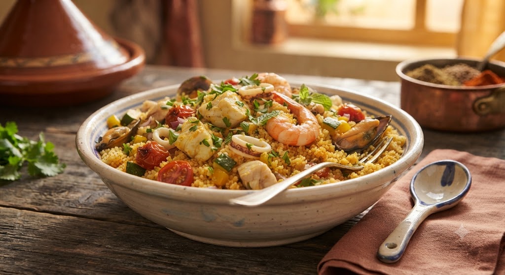 Cous cous di pesce alla trapanese con gamberi, cozze e calamari