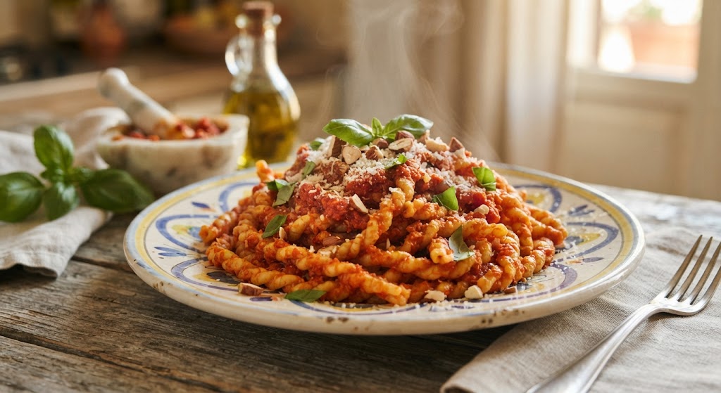 Busiate al pesto trapanese con pomodoro, mandorle e basilico