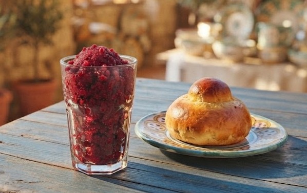 Granita di gelsi siciliana servita con brioche col tuppo