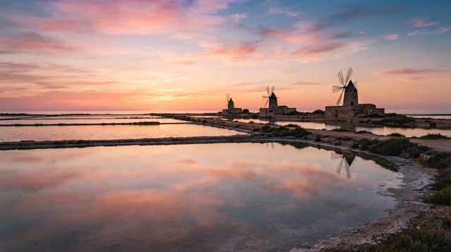 Tramonto sulle saline dello Stagnone di Marsala con i mulini a vento tradizionali